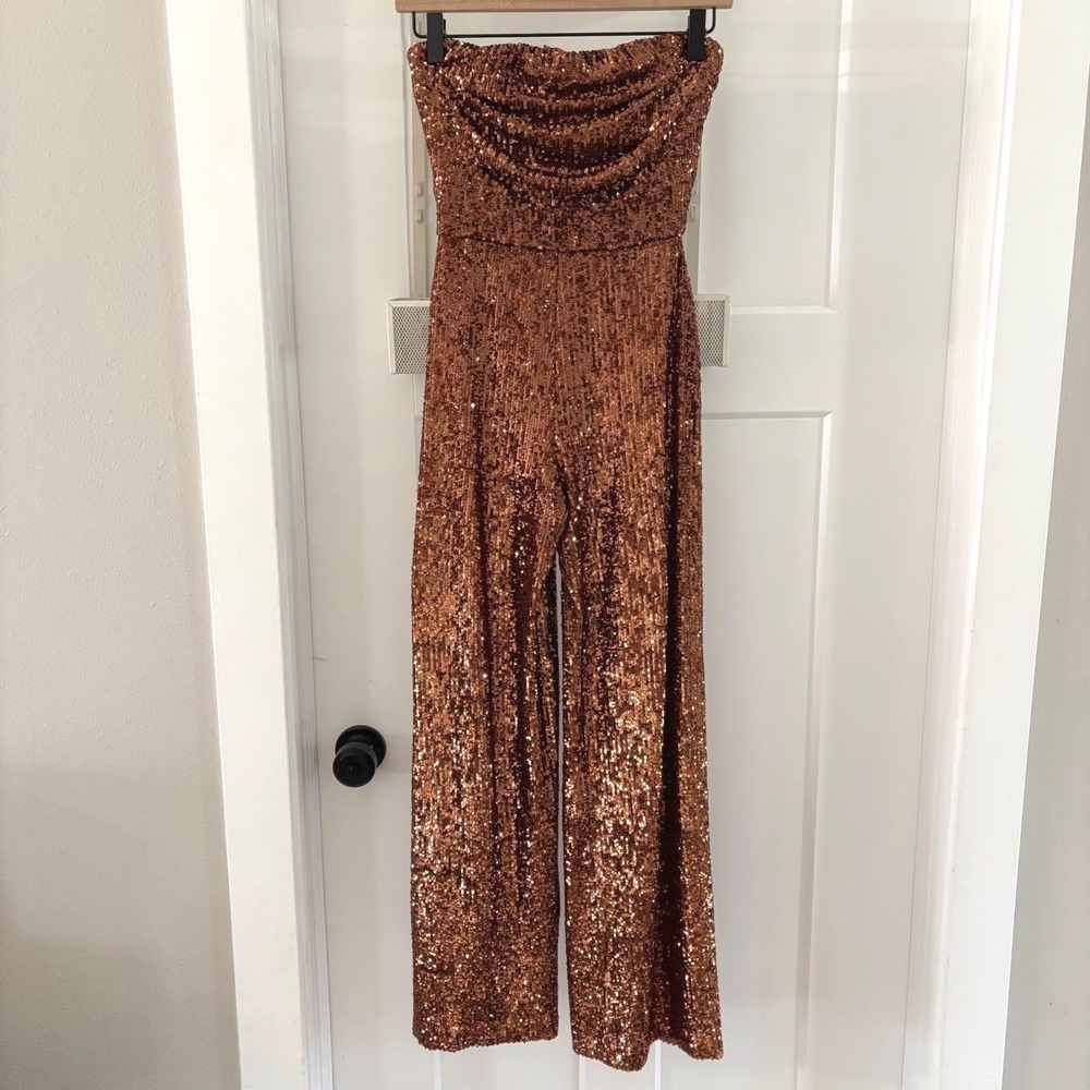 Nookie Sloane Jumpsuit Bronze Sequin Strapless Wide Leg S Party Disco Glam